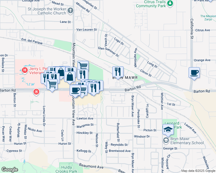 map of restaurants, bars, coffee shops, grocery stores, and more near 25972 Barton Road in Loma Linda