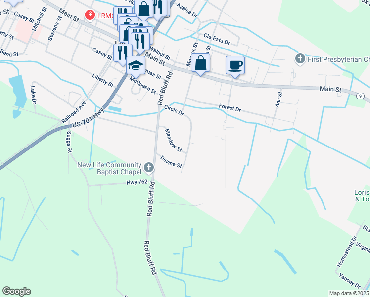 map of restaurants, bars, coffee shops, grocery stores, and more near 4935 Meadow Street in Loris