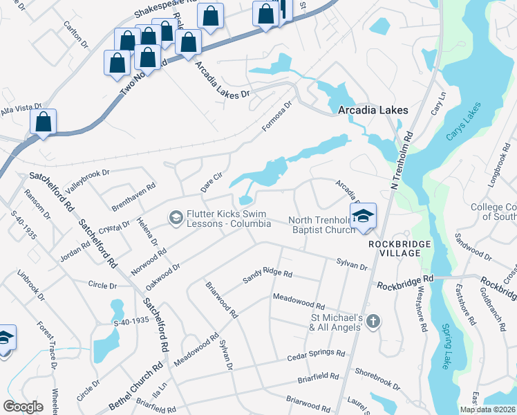 map of restaurants, bars, coffee shops, grocery stores, and more near 4541 Oakwood Drive in Columbia