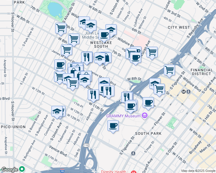 map of restaurants, bars, coffee shops, grocery stores, and more near in Los Angeles