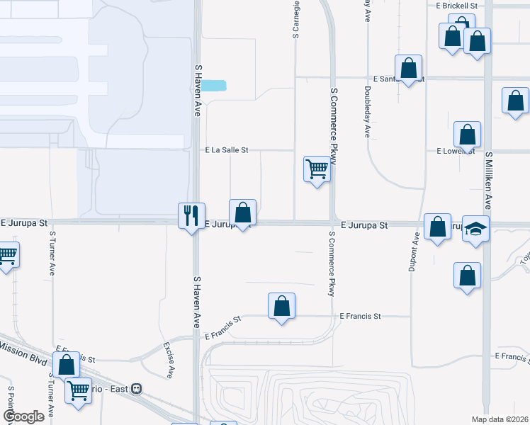map of restaurants, bars, coffee shops, grocery stores, and more near 3625 East Jurupa Street in Ontario