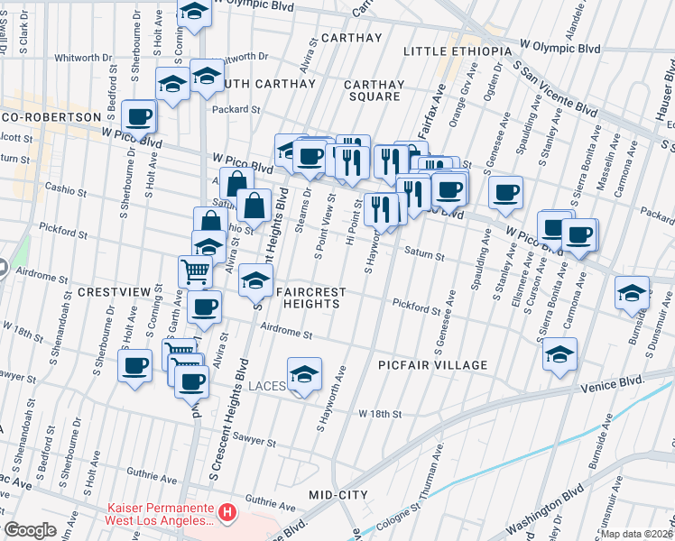 map of restaurants, bars, coffee shops, grocery stores, and more near 1550 Hi Point Street in Los Angeles