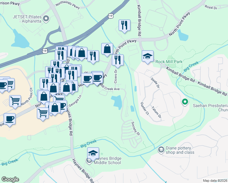 map of restaurants, bars, coffee shops, grocery stores, and more near 2764 Wander Lane in Alpharetta