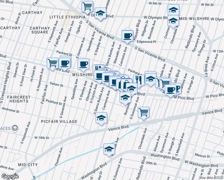map of restaurants, bars, coffee shops, grocery stores, and more near 5508 West Pico Boulevard in Los Angeles