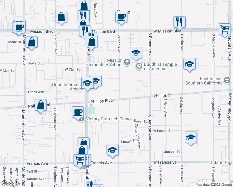 map of restaurants, bars, coffee shops, grocery stores, and more near 5495 Morgan Street in Ontario