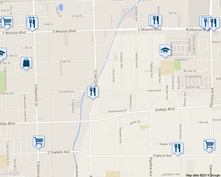 map of restaurants, bars, coffee shops, grocery stores, and more near 3840 Grand Avenue in Ontario