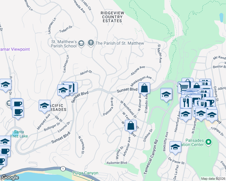 map of restaurants, bars, coffee shops, grocery stores, and more near 16179 Sunset Boulevard in Los Angeles
