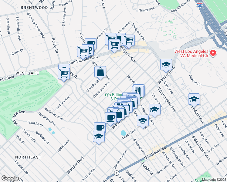 map of restaurants, bars, coffee shops, grocery stores, and more near 11924 Mayfield Avenue in Los Angeles