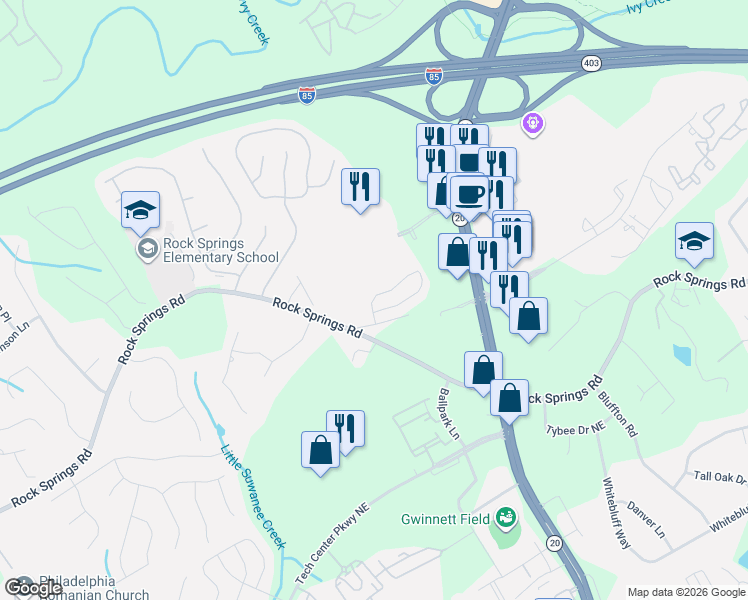 map of restaurants, bars, coffee shops, grocery stores, and more near 2762 Laurel Valley Trail in Buford