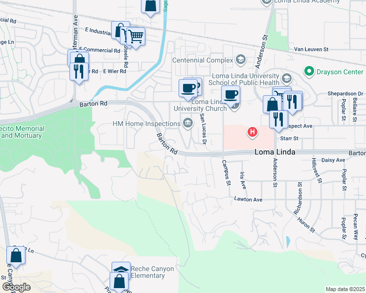 map of restaurants, bars, coffee shops, grocery stores, and more near 11286 San Mateo Drive in Loma Linda