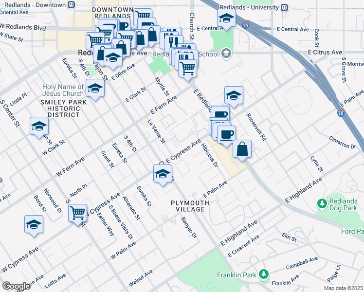 map of restaurants, bars, coffee shops, grocery stores, and more near 127 East Cypress Avenue in Redlands