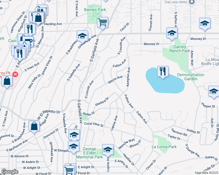 map of restaurants, bars, coffee shops, grocery stores, and more near 1274 Milam Place in Monterey Park