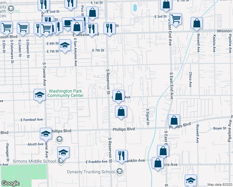 map of restaurants, bars, coffee shops, grocery stores, and more near 1258 South Reservoir Street in Pomona