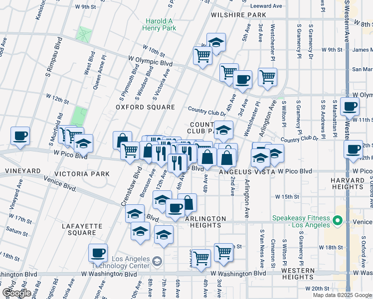 map of restaurants, bars, coffee shops, grocery stores, and more near 1224 South Norton Avenue in Los Angeles