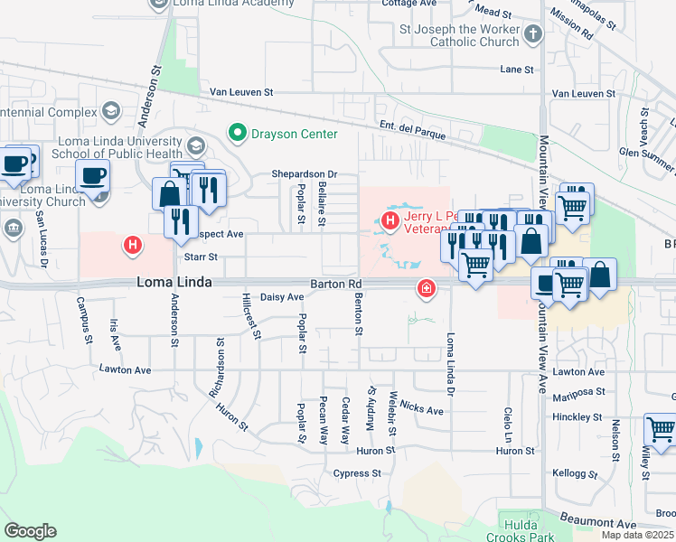 map of restaurants, bars, coffee shops, grocery stores, and more near 25246 Bellaire Street in Loma Linda