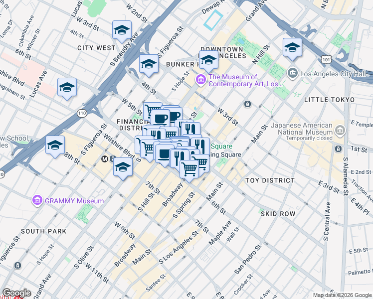 map of restaurants, bars, coffee shops, grocery stores, and more near South Hill Street & West 5th Street in Los Angeles