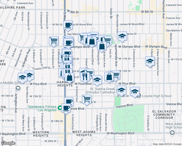 map of restaurants, bars, coffee shops, grocery stores, and more near 1207 South Harvard Boulevard in Los Angeles