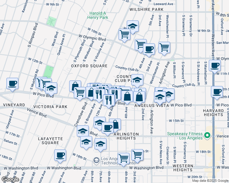 map of restaurants, bars, coffee shops, grocery stores, and more near 1214 South Norton Avenue in Los Angeles