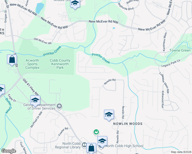 map of restaurants, bars, coffee shops, grocery stores, and more near 3364 Old Trail Court in Kennesaw