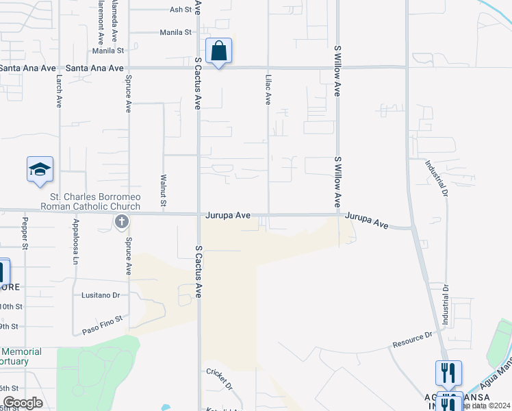 map of restaurants, bars, coffee shops, grocery stores, and more near 19474 Jurupa Avenue in Bloomington
