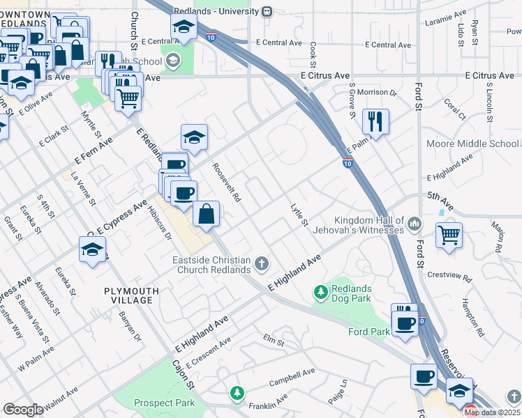 map of restaurants, bars, coffee shops, grocery stores, and more near East Palm Avenue in Redlands
