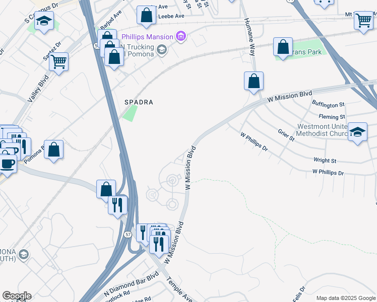 map of restaurants, bars, coffee shops, grocery stores, and more near 309 Vía Moreno in Pomona