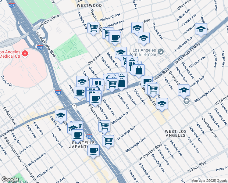 map of restaurants, bars, coffee shops, grocery stores, and more near 10960 Santa Monica Blvd in Los Angeles