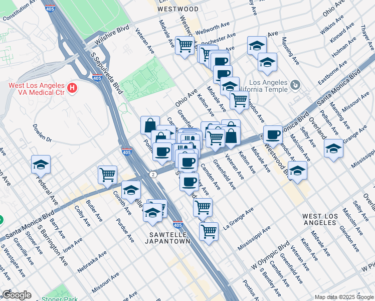map of restaurants, bars, coffee shops, grocery stores, and more near 11037 California 2 in Los Angeles