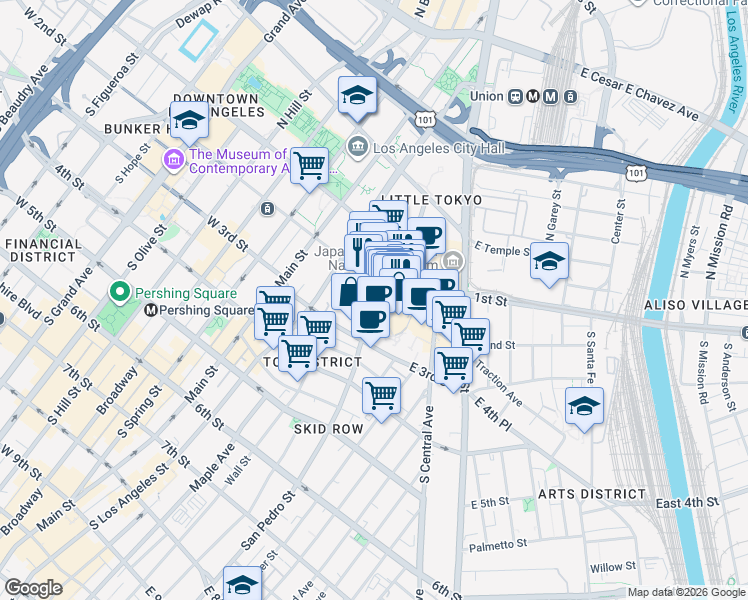 map of restaurants, bars, coffee shops, grocery stores, and more near 312 Azusa Street in Los Angeles