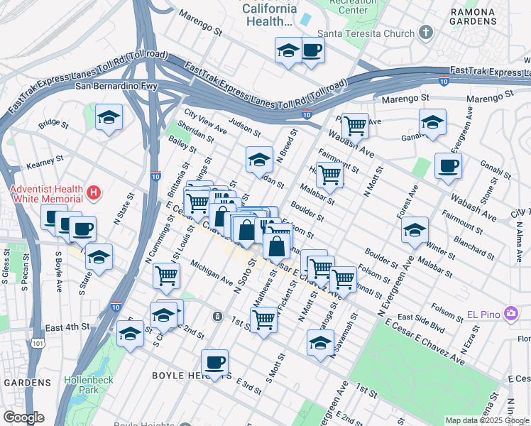 map of restaurants, bars, coffee shops, grocery stores, and more near 2342 Folsom Street in Los Angeles