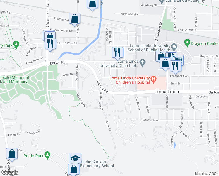map of restaurants, bars, coffee shops, grocery stores, and more near 11278 San Mateo Drive in Loma Linda