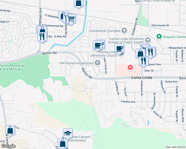 map of restaurants, bars, coffee shops, grocery stores, and more near 11278 San Mateo Drive in Loma Linda