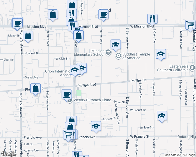 map of restaurants, bars, coffee shops, grocery stores, and more near 5495 Morgan Street in Ontario