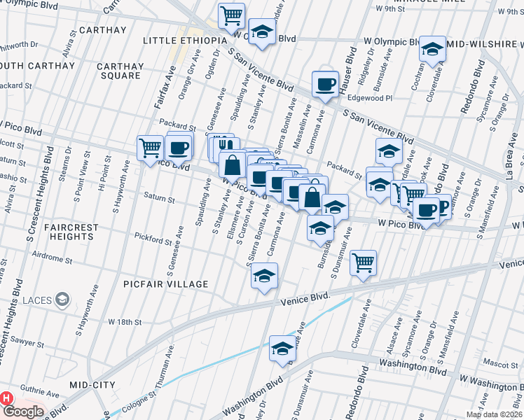 map of restaurants, bars, coffee shops, grocery stores, and more near 1419 South Sierra Bonita Avenue in Los Angeles