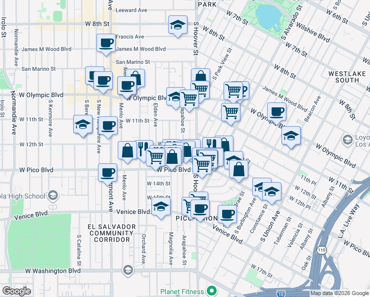 map of restaurants, bars, coffee shops, grocery stores, and more near 1221 Arapahoe Street in Los Angeles