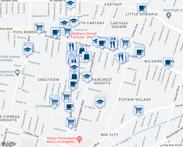 map of restaurants, bars, coffee shops, grocery stores, and more near 1562 South Crescent Heights Boulevard in Los Angeles