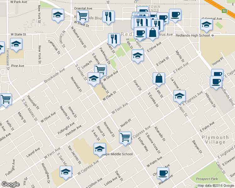 map of restaurants, bars, coffee shops, grocery stores, and more near 2 South Buena Vista Street in Redlands