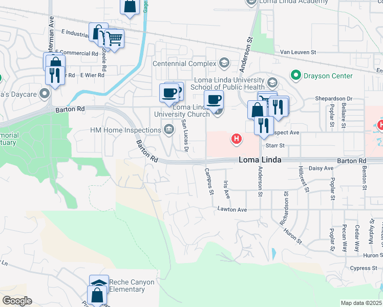 map of restaurants, bars, coffee shops, grocery stores, and more near 11301 San Juan Street in Loma Linda