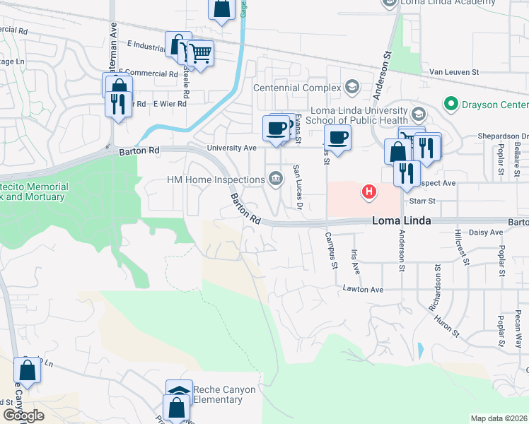 map of restaurants, bars, coffee shops, grocery stores, and more near 24493 Barton Road in Loma Linda