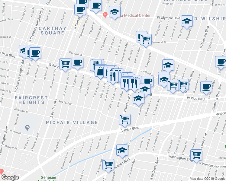 map of restaurants, bars, coffee shops, grocery stores, and more near 1419 South Sierra Bonita Avenue in Los Angeles