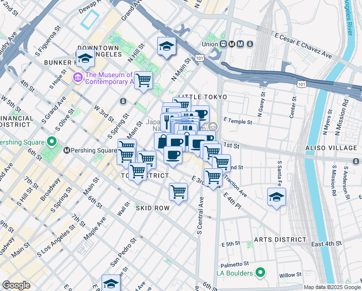 map of restaurants, bars, coffee shops, grocery stores, and more near 312 Azusa Street in Los Angeles