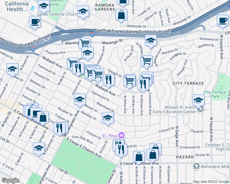 map of restaurants, bars, coffee shops, grocery stores, and more near 3127 Wabash Avenue in Los Angeles