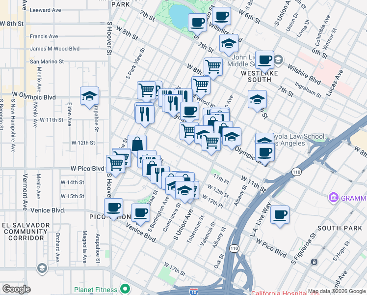 map of restaurants, bars, coffee shops, grocery stores, and more near 1800 West 11th Street in Los Angeles