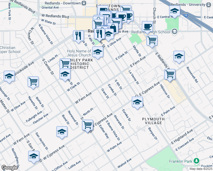 map of restaurants, bars, coffee shops, grocery stores, and more near 223 West Fern Avenue in Redlands