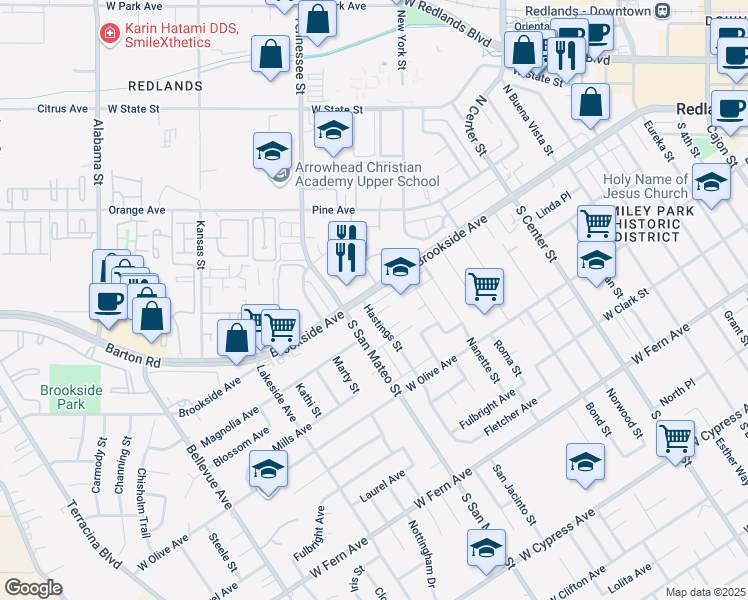 map of restaurants, bars, coffee shops, grocery stores, and more near 11 Hastings Street in Redlands
