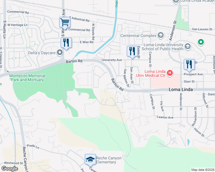 map of restaurants, bars, coffee shops, grocery stores, and more near 24459 Barton Road in Loma Linda