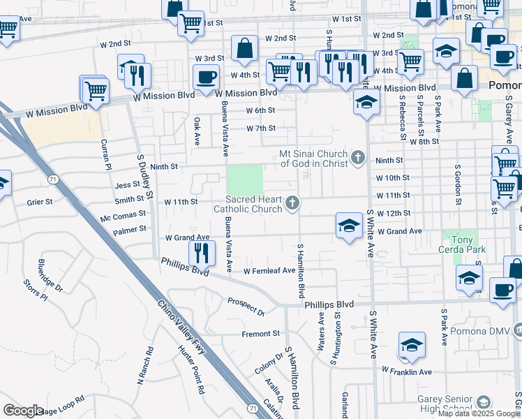 map of restaurants, bars, coffee shops, grocery stores, and more near 1192 West 11th Street in Pomona