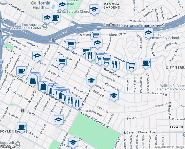 map of restaurants, bars, coffee shops, grocery stores, and more near 2814 Blanchard Street in Los Angeles