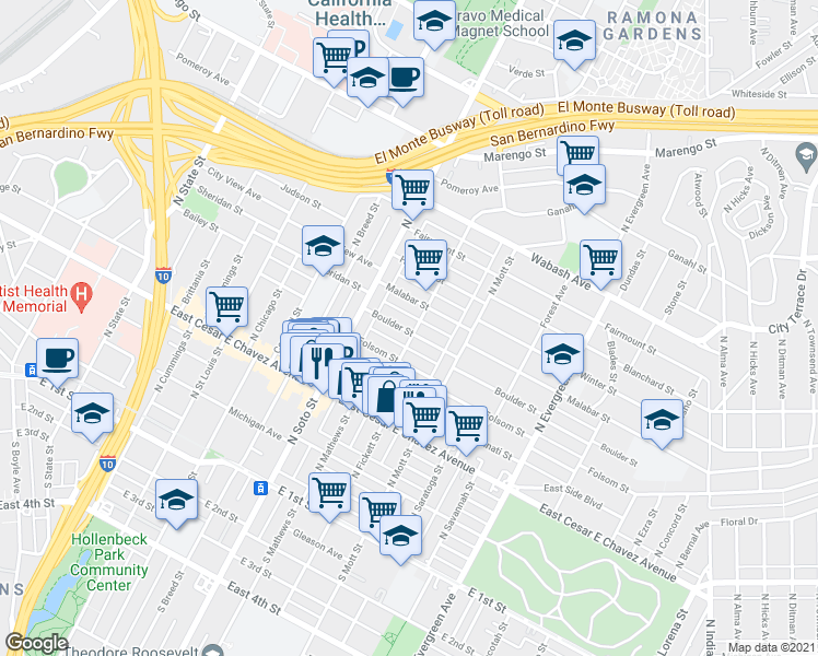 map of restaurants, bars, coffee shops, grocery stores, and more near 2451 Boulder Street in Los Angeles