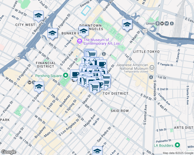 map of restaurants, bars, coffee shops, grocery stores, and more near 120 West 4th Street in Los Angeles